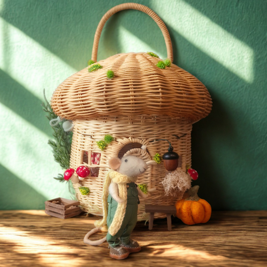 Mini Paddenstoelenhuisje – Rotan Mand voor Viltdiertjes - Beige