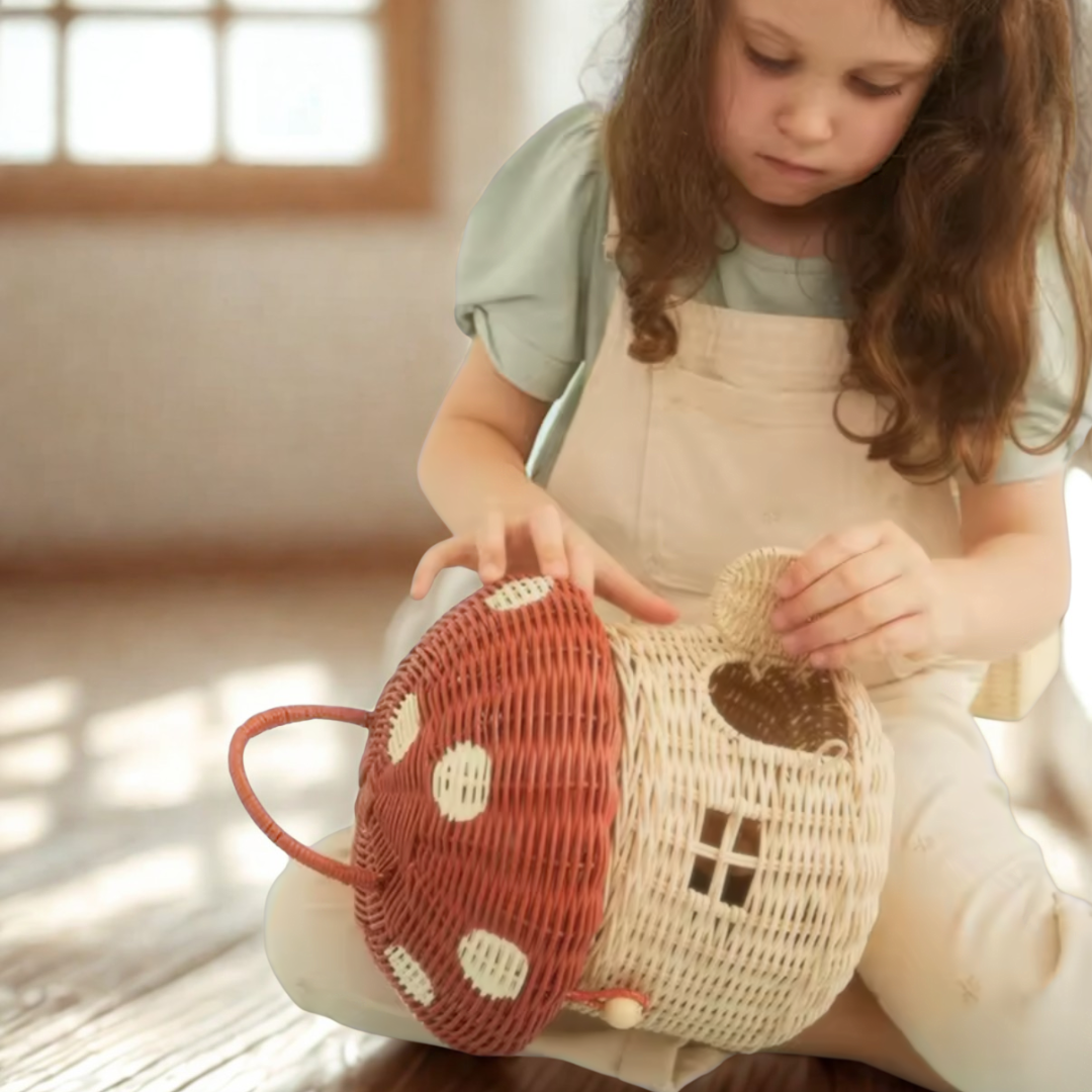 Mini Paddenstoelenhuisje – Rotan Mand voor Viltdiertjes