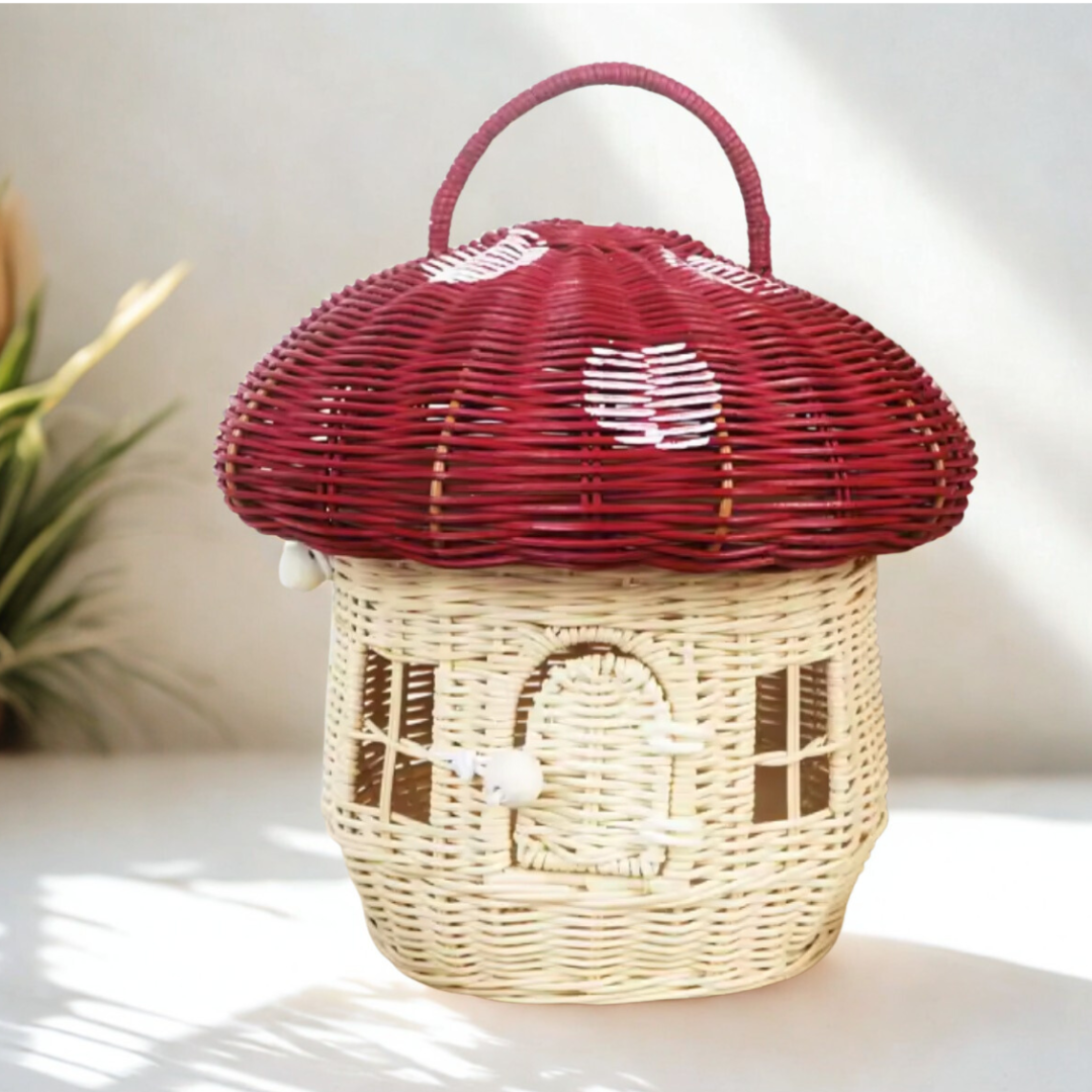 Mini Paddenstoelenhuisje – Rotan Mand voor Viltdiertjes